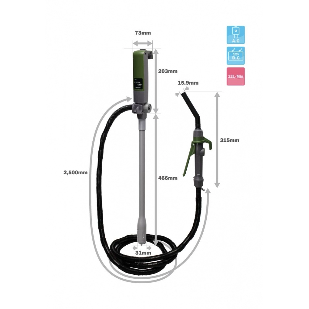 Насос электрический для перекачки топлива с заправочным пистолетом, 12V