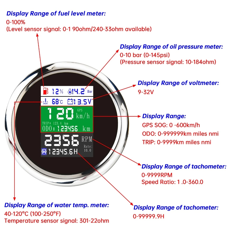 Электронный GPS 6 в 1 спидометр тахометр моточасы черный